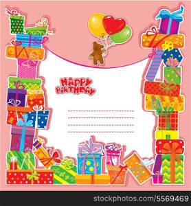 baby birthday card with teddy bear and gift boxes