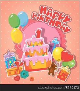 Baby birthday card with teddy bear, big cake and gift boxes. One year anniversary