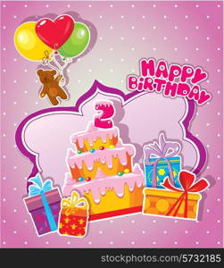 Baby birthday card with teddy bear, big cake and gift boxes. Two years anniversary