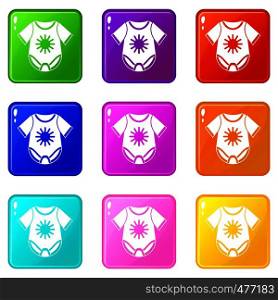 Baby bodysuit icons of 9 color set isolated vector illustration. Baby bodysuit set 9
