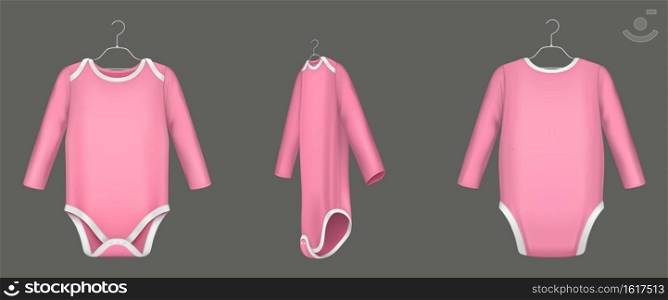 Baby bodysuit, pink infant romper with long sleeves front, back and side view. Vector realistic mockup of blank cotton clothes for kids, newborn body suit for girl isolated on white background. Baby bodysuit, pink infant romper with long sleeve