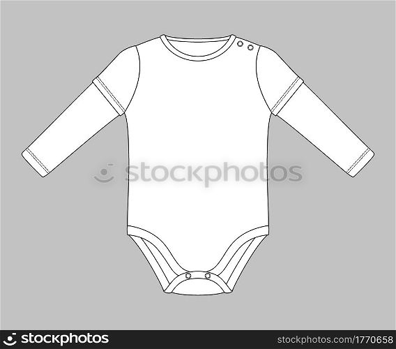 baby bodysuit with double sleeve and press studs on shoulder. Flat sketch template isolated on grey background