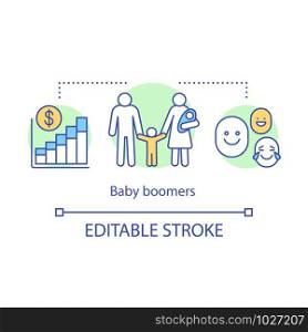 Baby boomers concept icon. Investing in future of children. Family welfare. State support for large families idea thin line illustration. Vector isolated outline drawing. Editable stroke