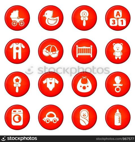 Baby born icons set vector red circle isolated on white background . Baby born icons set red vector