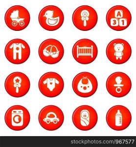 Baby born icons set vector red circle isolated on white background . Baby born icons set red vector