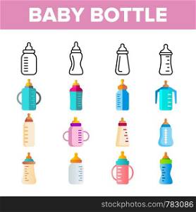 Baby Bottle, Childcare Equipment Vector Linear Icons Set. Baby Bottles with Latex, Silicone Nipples for Feeding Infants. Sippy Cups Thin Line Pictograms. Plastic Containers for Liquid Color Symbols. Baby Bottle, Childcare Equipment Vector Linear Icons Set
