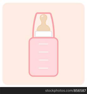 Baby bottle icon. Bottle in soft colors. Bottle with a pacifier for feeding a newborn. Vector illustration with isolated objects. Baby bottle icon. Bottle in soft colors. Bottle with a pacifier for feeding a newborn. Vector illustration.