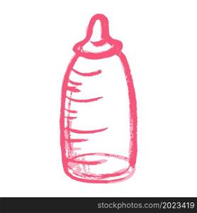 Baby bottle. Icon in hand draw style. Drawing with wax crayons, colored chalk, children&rsquo;s creativity. Vector illustration. Sign, symbol, pin, sticker. Icon in hand draw style. Drawing with wax crayons, children&rsquo;s creativity