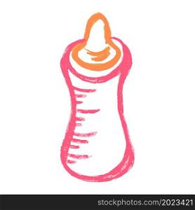 Baby bottle. Icon in hand draw style. Drawing with wax crayons, colored chalk, children&rsquo;s creativity. Vector illustration. Sign, symbol. Icon in hand draw style. Drawing with wax crayons, children&rsquo;s creativity