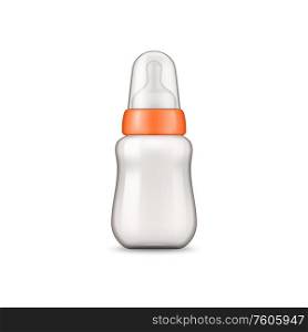 Baby bottle with cover isolated. Vector newborn infants nutrition food, breast milk in plastic container. Feeding bottle with pacifier and cover isolated