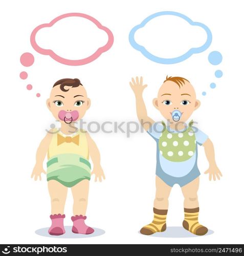 Baby boy and baby girl with speech bubbles isolated on white background. Vector illustration