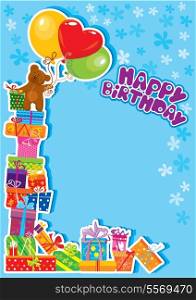 baby boy birthday card with teddy bear and gift boxes