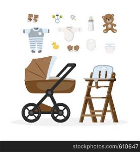 Baby boy care items. Isolated vector illustration