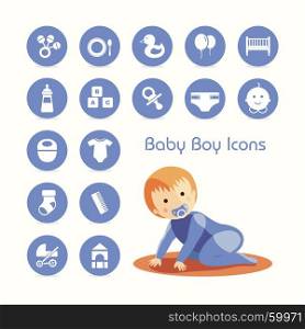Baby boy crawling and icons set