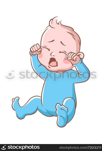 Baby boy crying. Funny toddler expression of sitting newborn isolated cartoon vector sad cute child. Baby boy crying. Funny toddler expression of sitting newborn isolated cartoon vector sad child