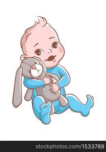 Baby boy. Cute infant hugging rabbit toy, smiling toddler in blue clothes sitting. Happy newborn child vector illustration isolated on white background. Baby boy. Cute infant hugging rabbit toy, smiling toddler in blue clothes sitting. Happy child vector isolated illustration
