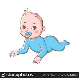 Baby boy. Cute infant with pacifier, happy toddler in blue clothes lying. Cartoon newborn character vector illustration isolated on white background. Baby boy. Cute infant with pacifier, toddler in blue clothes lying. Cartoon character vector illustration isolated on white background