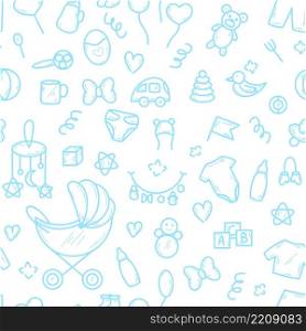 Baby boy doodle seamless pattern. Background with toys and children&rsquo;s items in blue. Template for wallpaper, fabric, paper and design vector illustration. Baby boy doodle seamless pattern