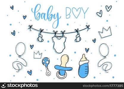 Baby boy doodle set. Hand drawing newborn baby collection. Cute boy icons clipart. Doodle style of milk bottle with pacifier. Vector EPS 10