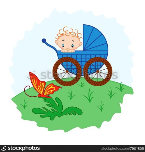 Baby boy from pram watching a butterfly, hand drawing vector illustration