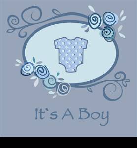 Baby boy greeting and announcement postcard with blue suit for newborns and floral frame. Vector eps10 illustration
