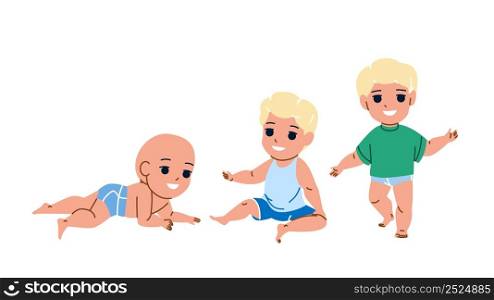 Baby Boy Growing To Schoolboy Maturity Vector. Toddler Baby Boy Grow To Preschooler, Infant Life, Transition And Development. Character Child In Diaper And Cute Clothes Flat Cartoon Illustration. Baby Boy Growing To Schoolboy Maturity Vector