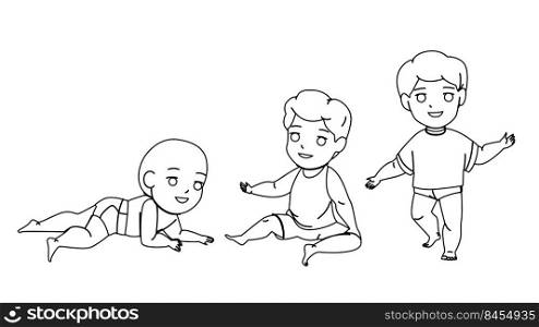 Baby Boy Growing To Schoolboy Maturity Vector. Toddler Baby Boy Grow To Preschooler, Infant Life, Transition And Development. Character Child In Diaper And Cute Clothes black line illustration. Baby Boy Growing To Schoolboy Maturity Vector