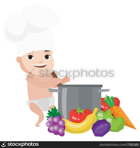 Baby boy in chef hat standing near big pan with vegetables. Baby boy playing with saucepan and vegetables. Caucasian baby boy cooking. Vector flat design illustration isolated on white background.. Baby in chef hat cooking healthy meal.