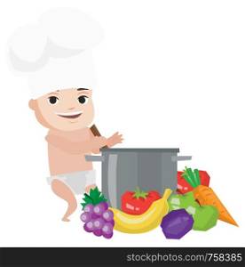 Baby boy in chef hat standing near big pan with vegetables. Baby boy playing with saucepan and vegetables. Caucasian baby boy cooking. Vector flat design illustration isolated on white background.. Baby in chef hat cooking healthy meal.
