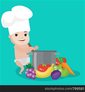 Baby boy in chef hat standing near big pan with vegetables. Baby boy playing with saucepan and vegetables. Caucasian baby cooking healthy vegetable meal. Vector flat design illustration. Square layout. Baby in chef hat cooking healthy meal.