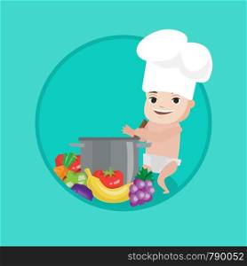 Baby boy in chef hat standing near big saucepan and vegetables. Baby boy playing with saucepan. Caucasian baby cooking in saucepan. Vector flat design illustration in the circle isolated on background. Baby in chef hat cooking healthy meal.