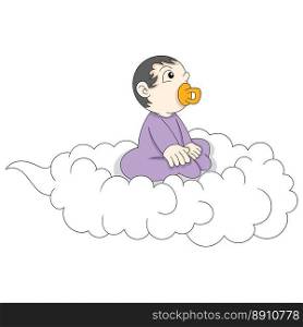 baby boy is sitting relaxed riding the clouds flying in the sky. vector design illustration art