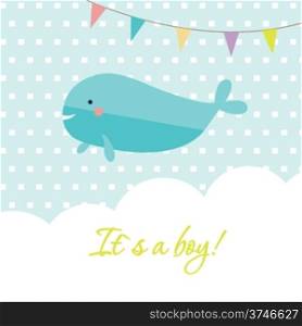 Baby boy shower card with cute whale and flags