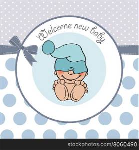 baby boy shower card with funny little baby, vector illustration