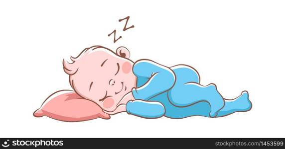 Baby boy sleeping. Cute happy newborn in blue pajamas, isolated cartoon vector child on soft pillow. Baby boy sleeping. Cute happy newborn in blue pajamas, isolated cartoon vector child
