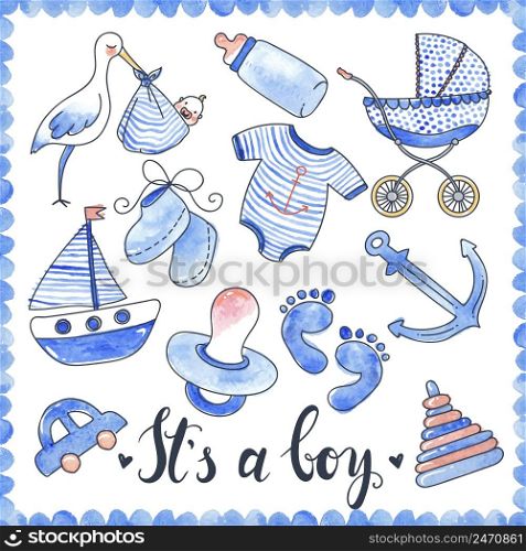 Baby boy watercolor elements set with calligraphic title carriage and dummy stork and toys isolated vector illustration . Baby Boy Watercolor Elements Set