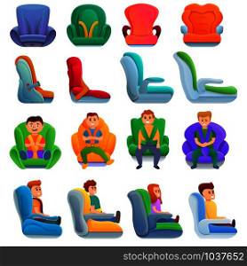 Baby car seat icons set. Cartoon set of baby car seat vector icons for web design. Baby car seat icons set, cartoon style