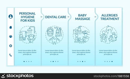 Baby care blue gradient onboarding vector template. Responsive mobile website with icons. Web page walkthrough 4 step screens. Child physical health color concept with linear illustrations. Baby care onboarding vector template