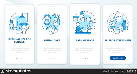 Baby care blue onboarding mobile app page screen. Child physical health walkthrough 4 steps graphic instructions with concepts. UI, UX, GUI vector template with linear color illustrations. Baby care blue onboarding mobile app page screen