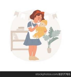 Baby care game isolated cartoon vector illustration. Girl nursing baby-doll, babysitter pretend game, feeding a toy, child care imitation, kid playing mother role, imagination vector cartoon.. Baby care game isolated cartoon vector illustration.