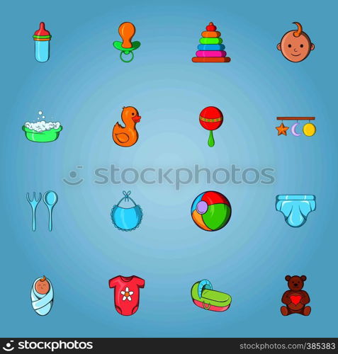 Baby care icons set. Cartoon illustration of 16 baby care vector icons for web. Baby care icons set, cartoon style