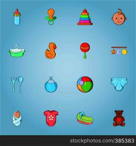 Baby care icons set. Cartoon illustration of 16 baby care vector icons for web. Baby care icons set, cartoon style