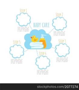 Baby care infographic chart design template. Bath routine. Abstract infochart with copy space. Instructional graphics with 5 step sequence. Visual data presentation. Amatic SC Bold, Regular fonts used. Baby care infographic chart design template