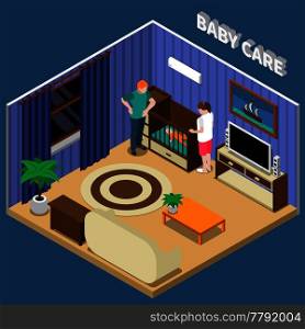 Baby care isometric composition on blue background with parents near infant on cot, interior elements vector illustration. Baby Care Isometric Composition