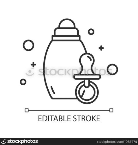 Baby care linear icon. Pacifier, soother and baby bottle. E commerce department, shopping categories. Thin line illustration. Contour symbol. Vector isolated outline drawing. Editable stroke