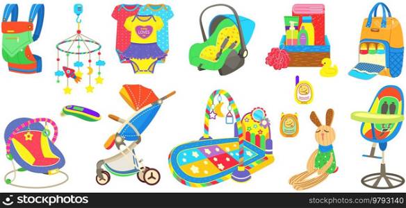Baby care objects, newborn items supplies, set of icons. Devices for convenient pastime of mother with child. Clothing for children, educational, developing toys and items for transporting baby. Clothing for children, educational, developing toys, items for transporting, baby care objects icons