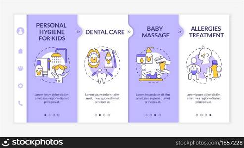 Baby care purple onboarding vector template. Responsive mobile website with icons. Web page walkthrough 4 step screens. Child physical health color concept with linear illustrations. Baby care onboarding vector template