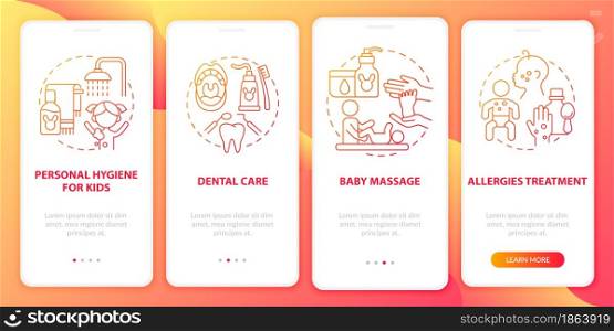 Baby care red gradient onboarding mobile app page screen. Child physical health walkthrough 4 steps graphic instructions with concepts. UI, UX, GUI vector template with linear color illustrations. Baby care red gradient onboarding mobile app page screen