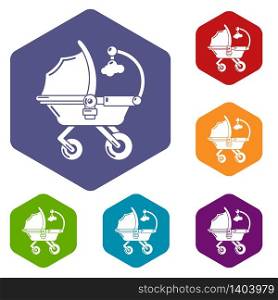 Baby carriage cute icons vector colorful hexahedron set collection isolated on white. Baby carriage cute icons vector hexahedron