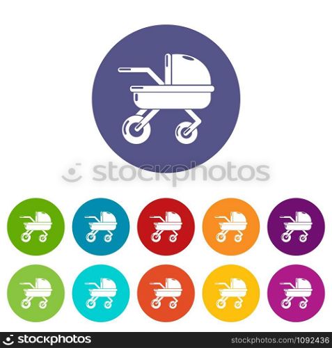 Baby carriage family icons color set vector for any web design on white background. Baby carriage family icons set vector color